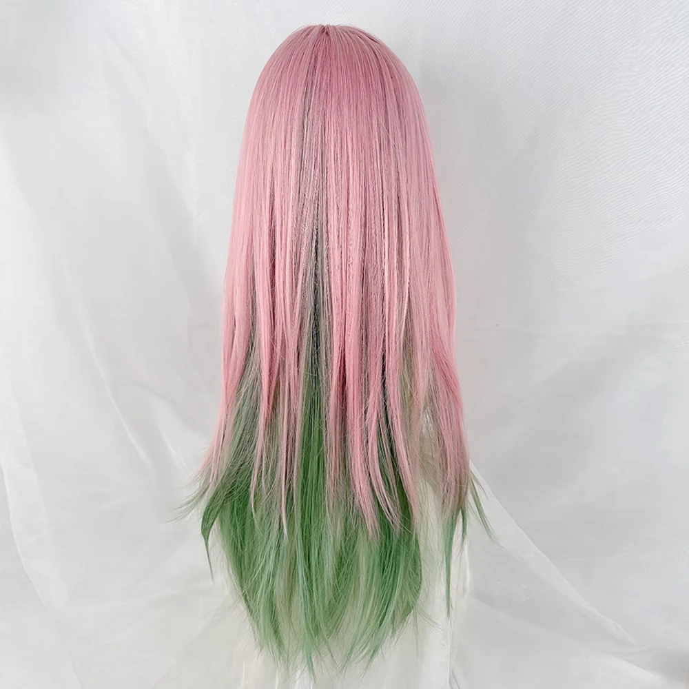 VICWIG Synthetic Long Straight Ombre Pink Green Blend Layered Wig with Bangs Lolita Cosplay Women Hair Wig for Daily Party