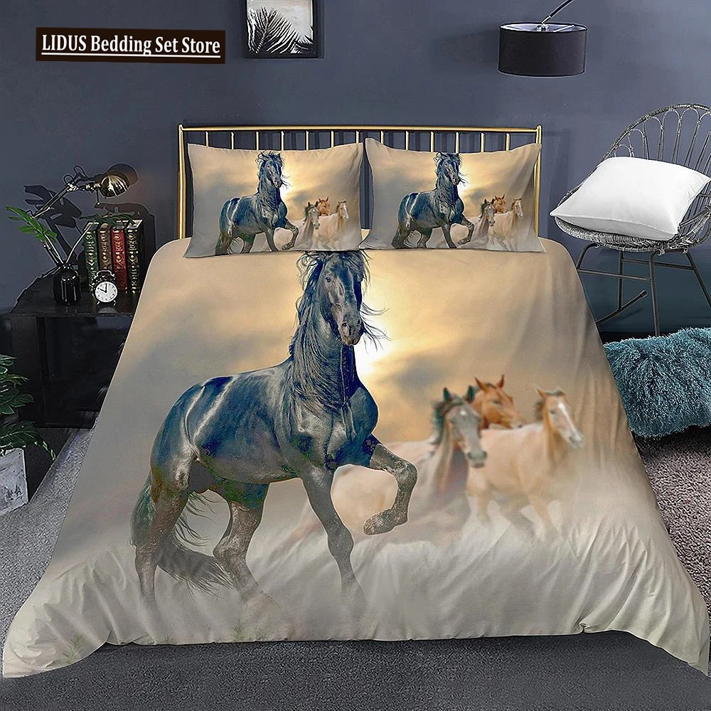 

3D Animal Printed Duvet Cover Set Domineering Galloping Horse Bedding Set Soft 2/3pcs Polyester Quilt Covers With Pillowcase