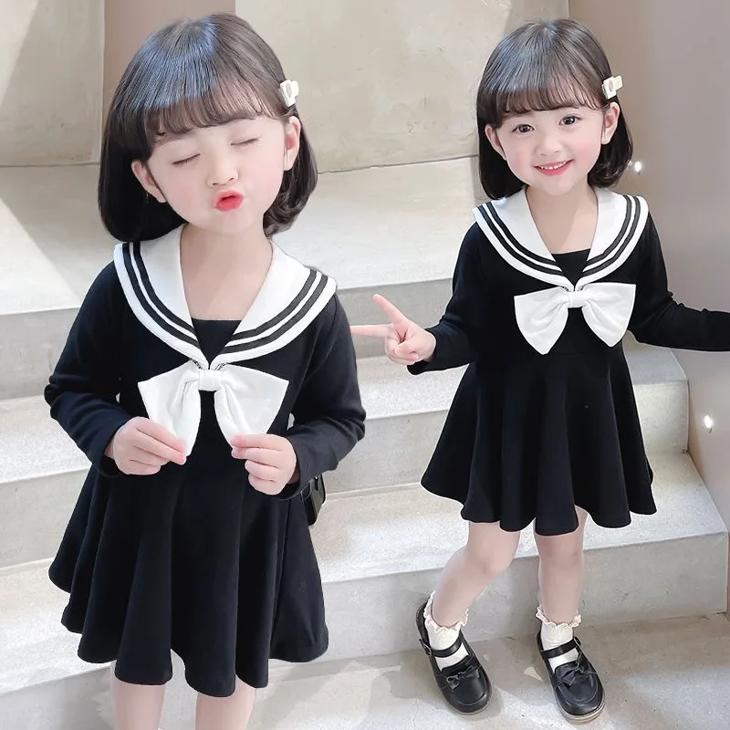 

2025Spring and Autumn Baby Girl Preppy Style Long Sleeve Navy Style Princess Dress