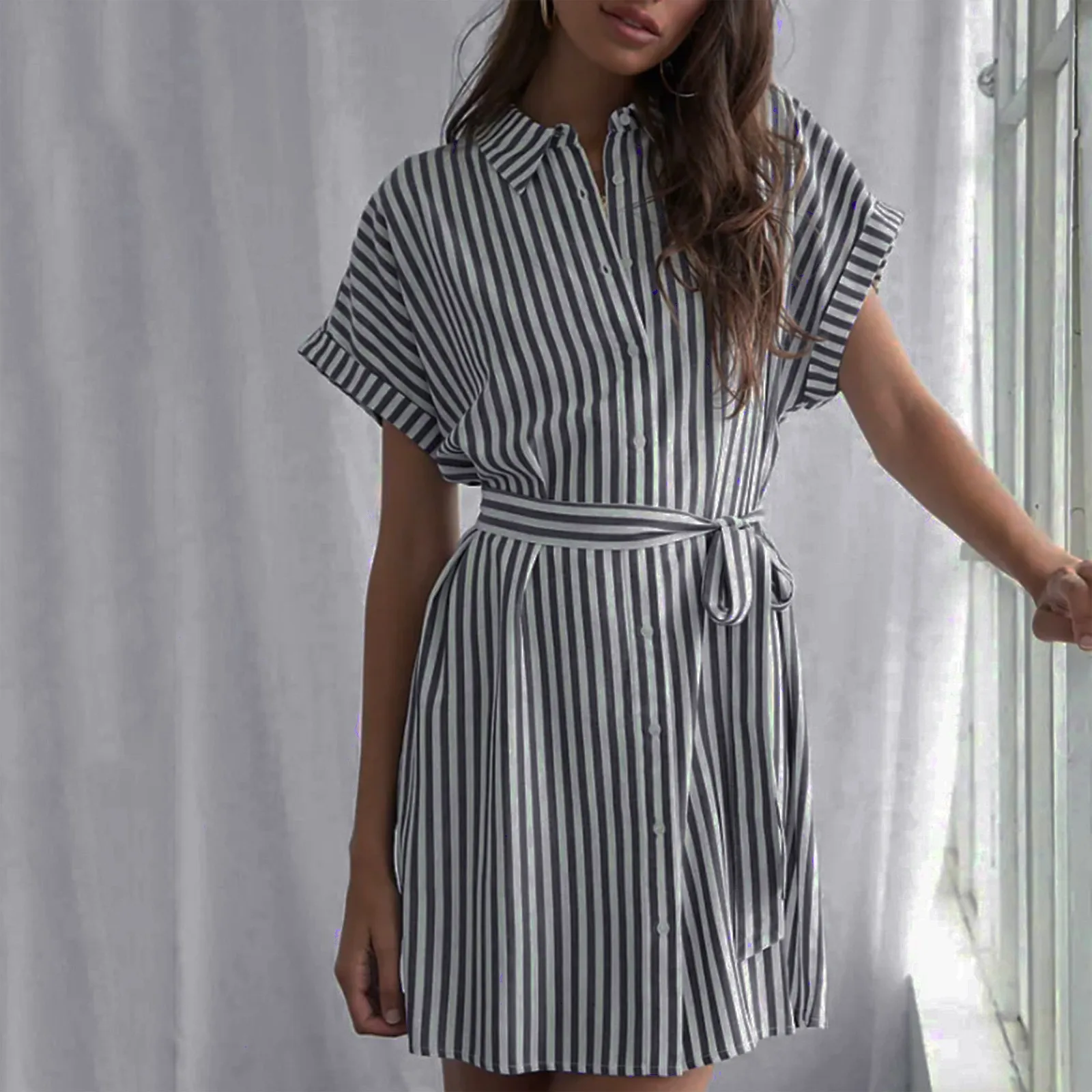 

Office Lady Striped Lapel Shirts Dresses Summer Women Elegant Short Sleeve Single Breasted Bandage Casual Commute Mini Dresses