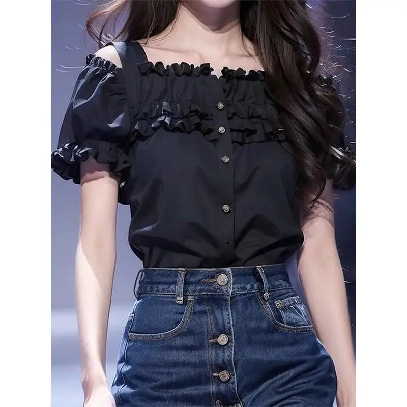 Chemise tendance coréenne d'été 2025, Cardigan noir à manches courtes et col carré pour femmes