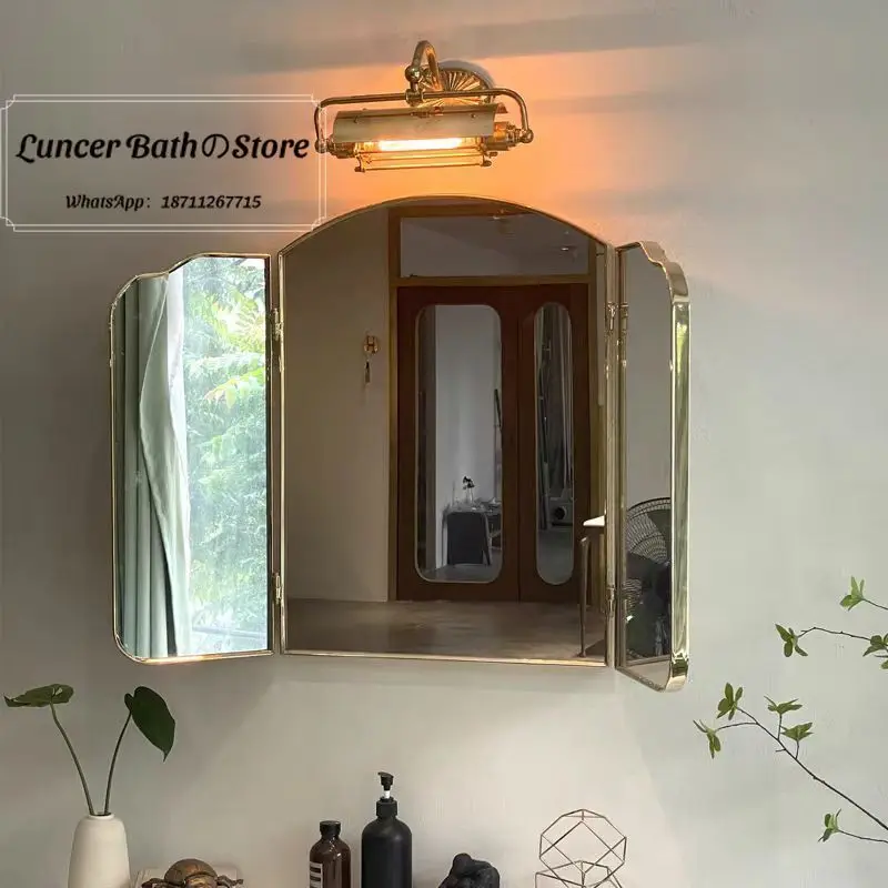 French Retro Stainless Steel Tri-Fold Bathroom Mirror, 3-Panel Vanity Mirror for Toilet Entryway Makeup