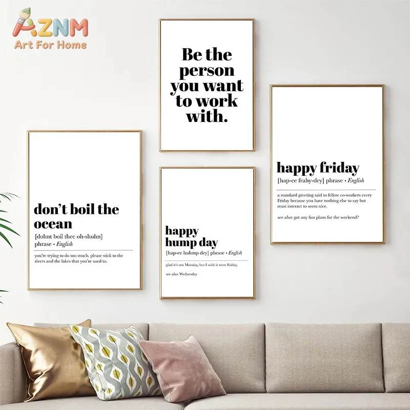AZNM Black White Motivational Quote Canvas Wall Art Minimalist Office Text Print Frameless Canvas Painting Workplace Study Room