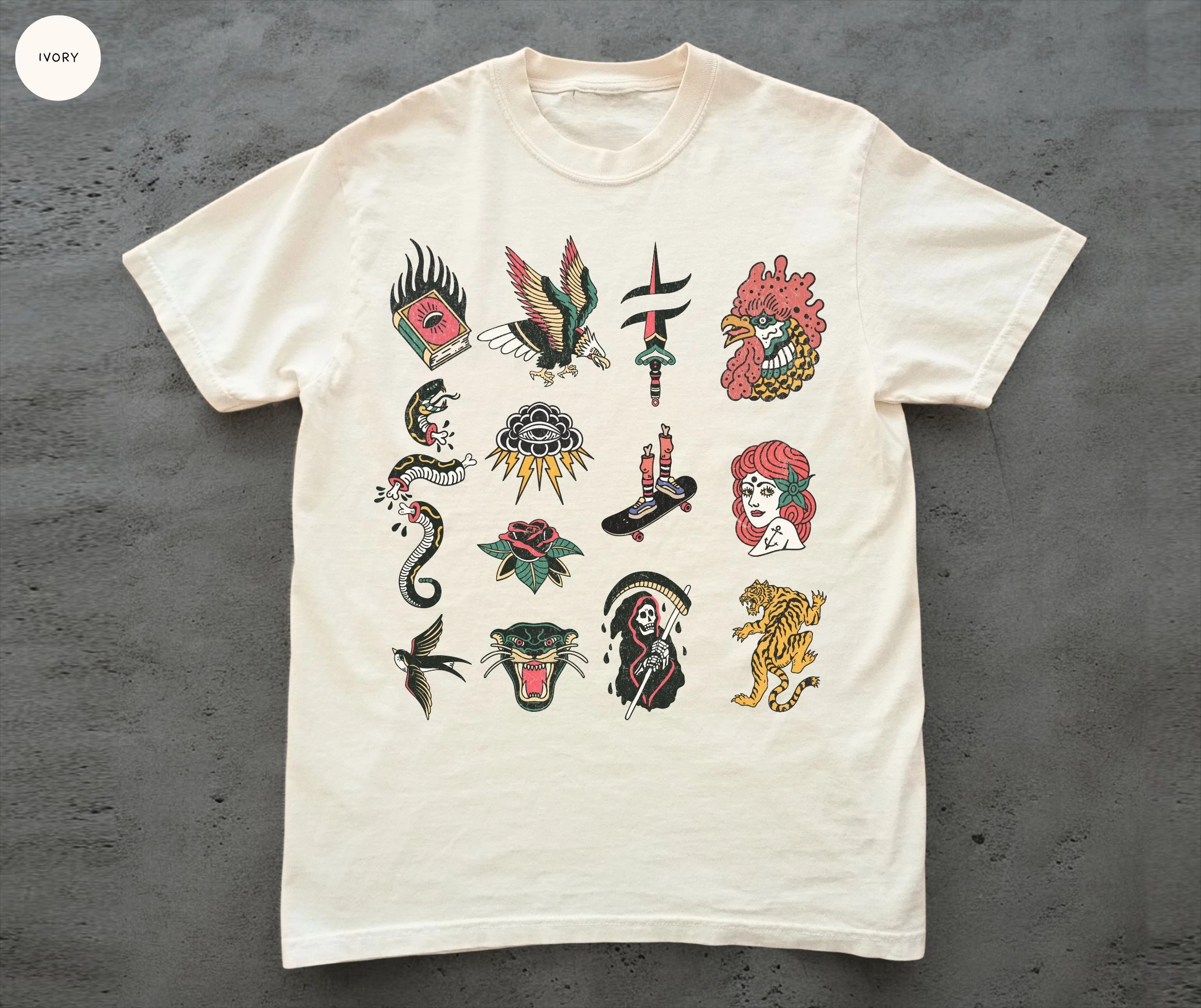 

Женская летняя футболка больших размеров с винтажным принтом-тату, хлопковая, дышащая, стильная, универсальная, в уличном стиле, оверсайз