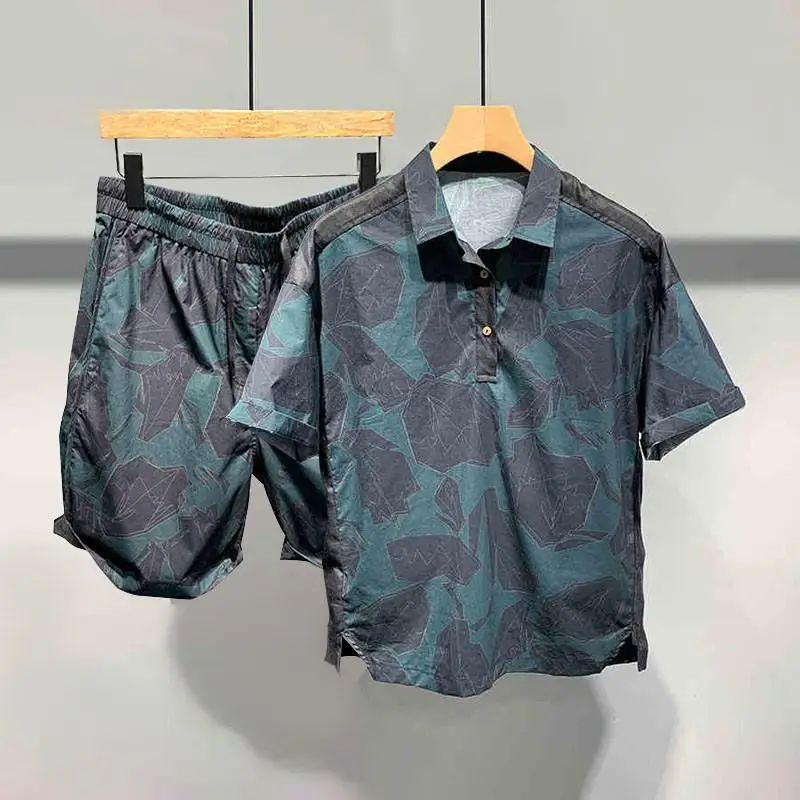 

Летняя рубашка поло с короткими рукавами и шортами большого размера 300 с лацканами, комплект из двух предметов, мужская модная рубашка, повседневный костюм