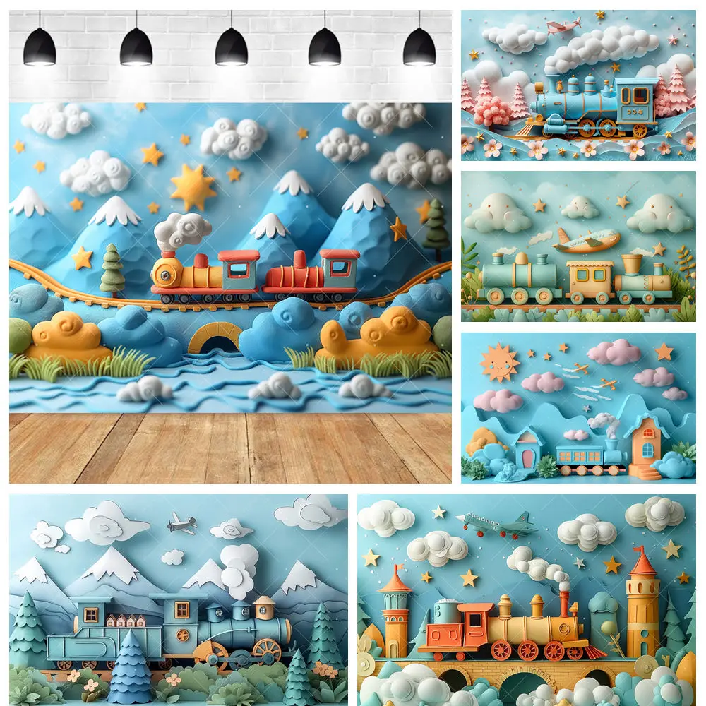 

Blue Fantasy Star Train Boy Girls Kids Birthday Party Mountain Airplane Backdrop Custom Room Photography Poster Decor Background