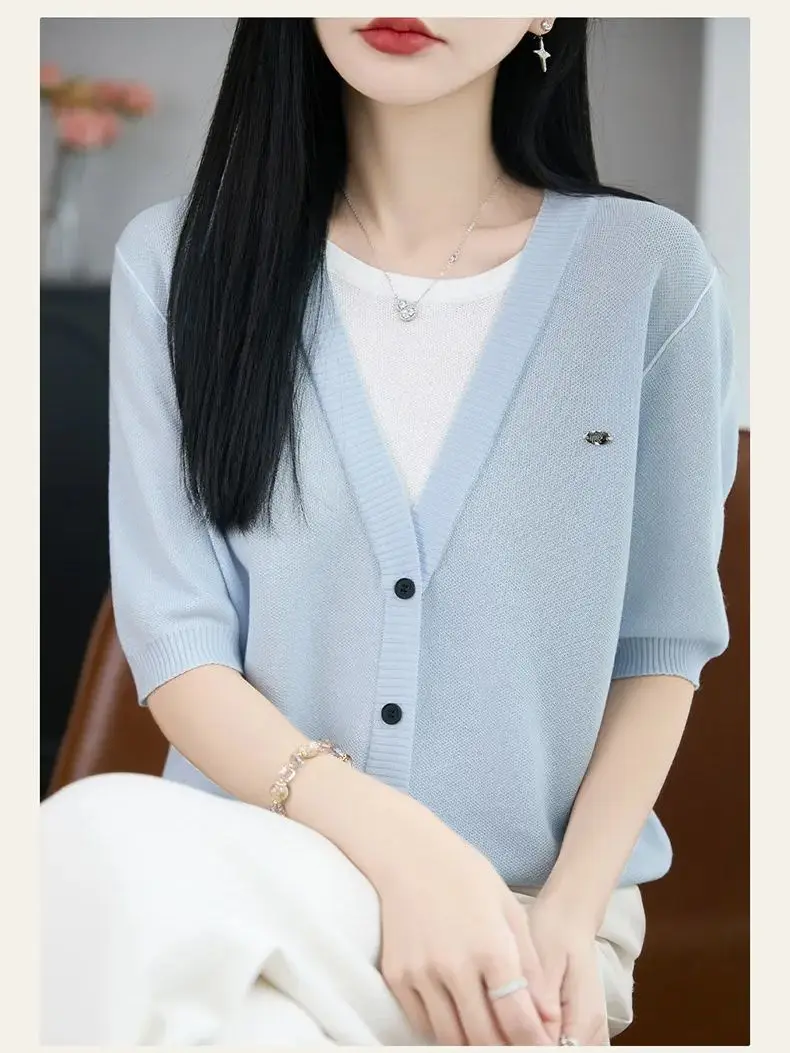 Design Sense Contrasting Color O-Neck Top Fashion Versatile Casual Top Fake Two-Piece Knitted Short Sleeved T-Shirt For Women