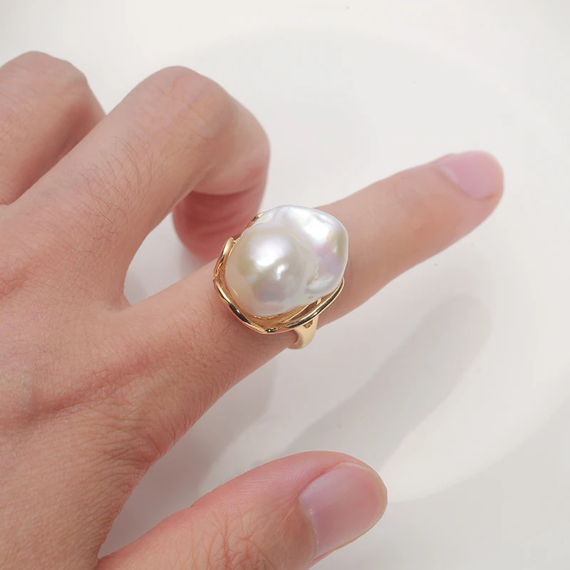 925 Sterling Silver Classic Natural Freshwater Baroque Large irregularity Pearl Ring 15-30MM adjustable size Fine jewelry RZ