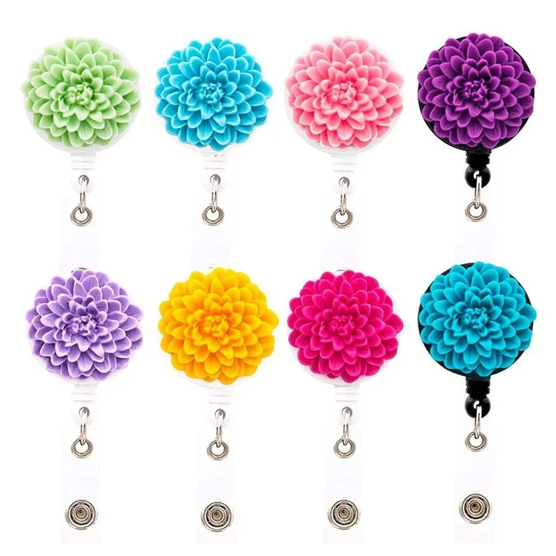 Rotatable Resin Chrysanthemum Badge Reel Retractable Flower Nurse Work Card Name Badge Reel Lanyard Pass Access Card Clip