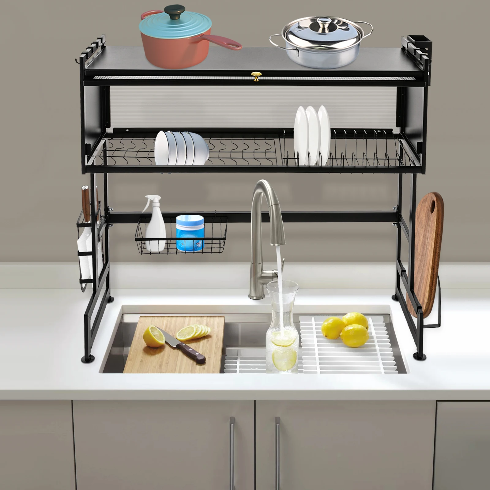 

2 Tier Large Dish Rack for Kitchen Counter Dish Drainer Countertop Mount Dish Drying Rack Carbon Steel Cutlery Drainer Black