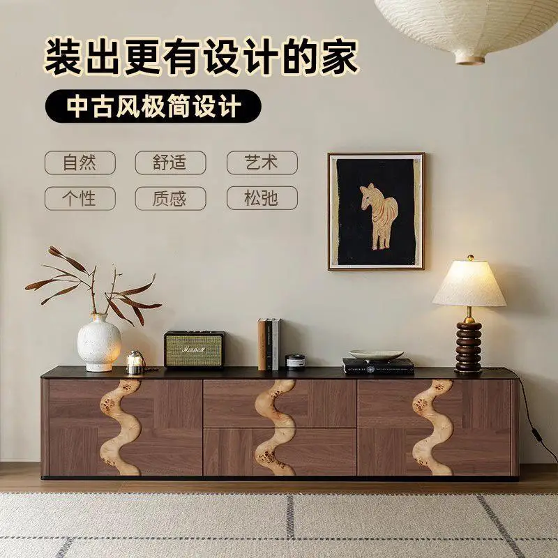 Medieval retro solid wood TV cabinet, living room storage locker, TV cabinet combination, black walnut parquet cabinet