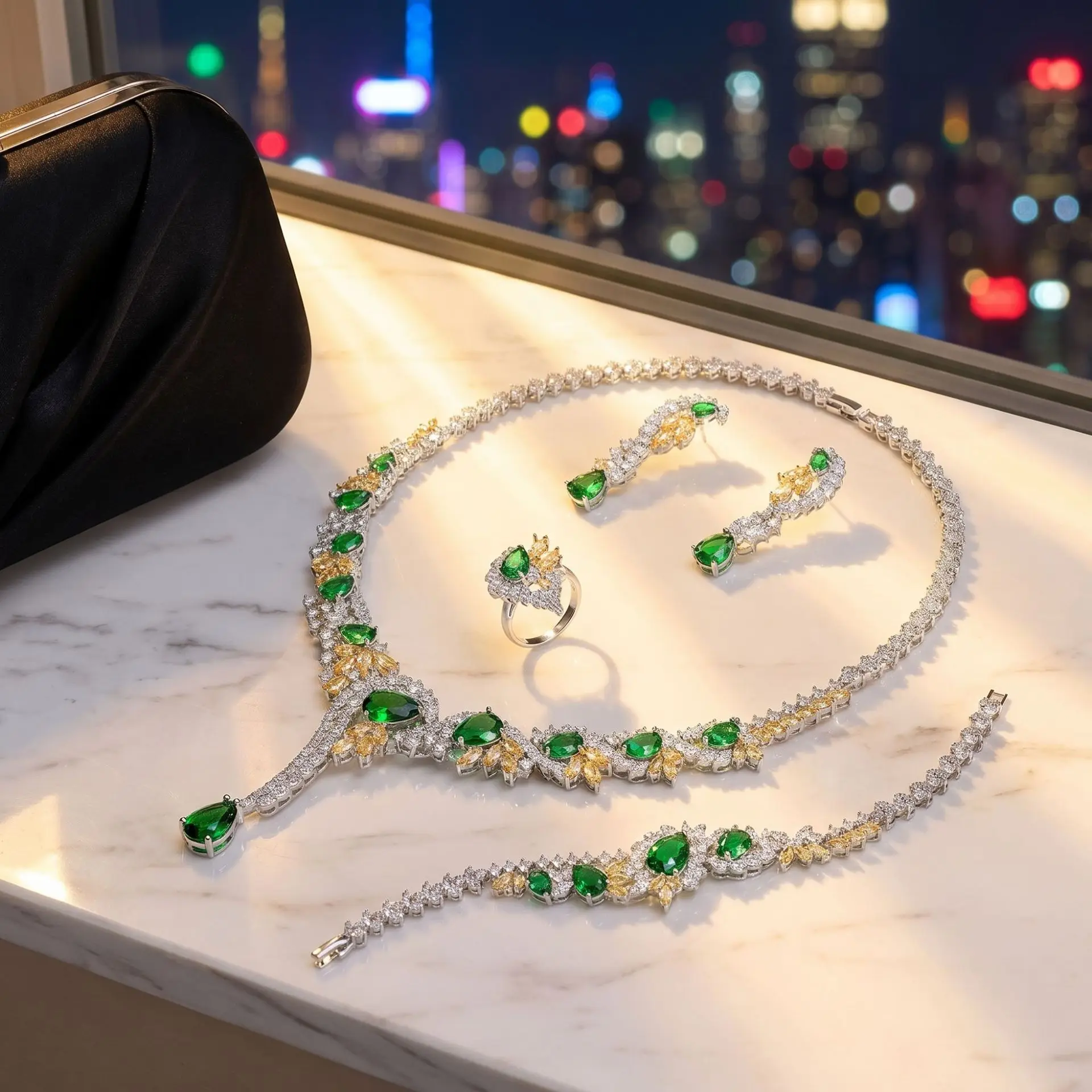 4 Pieces AAA Cubic Zirconia Jewelry Set Necklace Earrings Bracelet Ring Sparkling CZ Crystal Women Bridal Wedding Christmas Gift