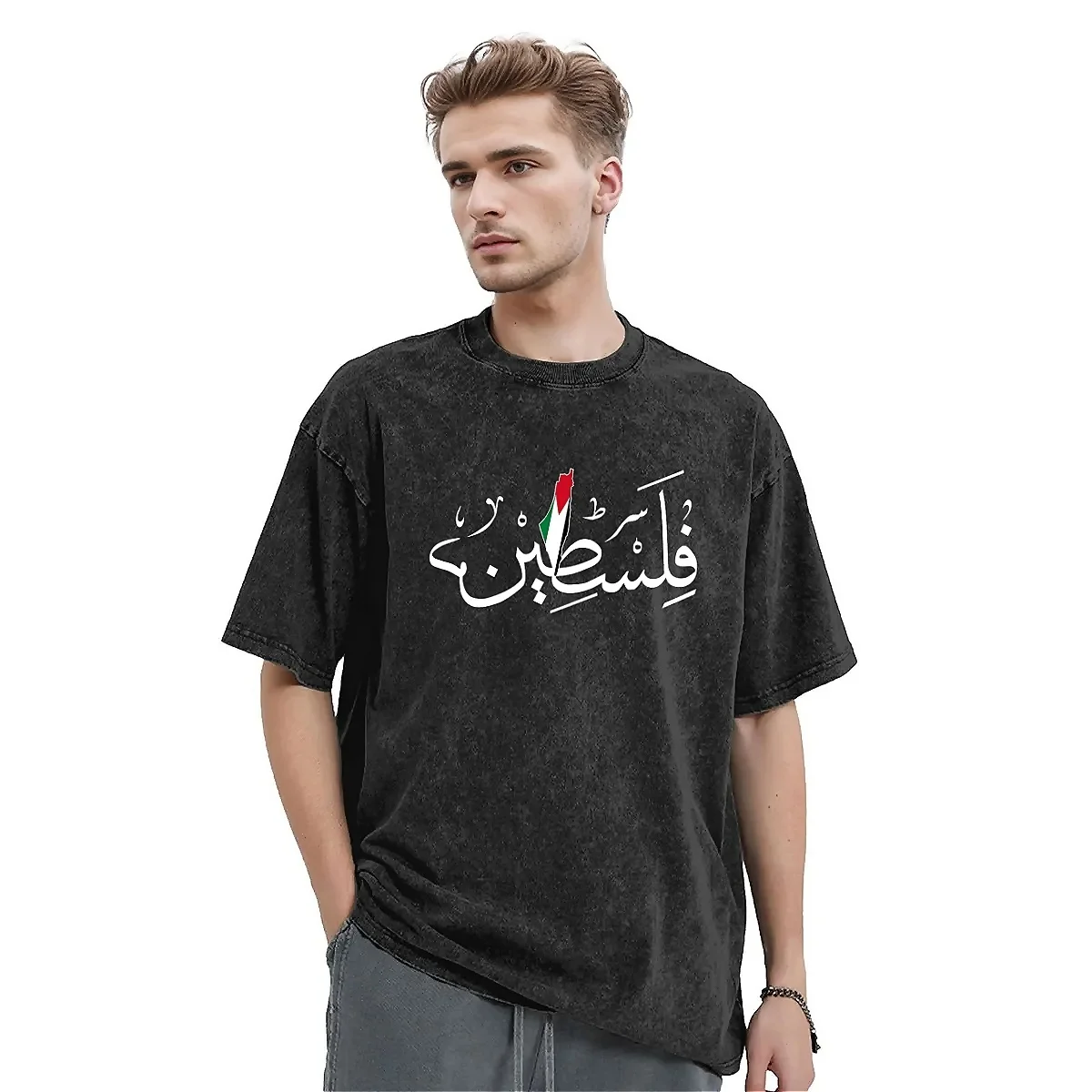 Harajuku Washed T Shirt Palestined Arabic Calligraphy Simple T-Shirts Palestinians Flag Map Tee Shirt for Couple Beach Y2K Tees