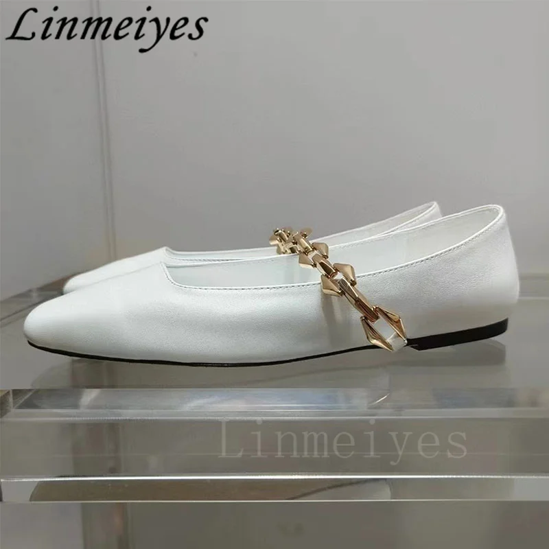 Genuine Leather Flat Shoes Woman Square Toe Mary Jane Shoes Ladies Metal Chain Loafers Fashion Comfort Walking Shoes Women