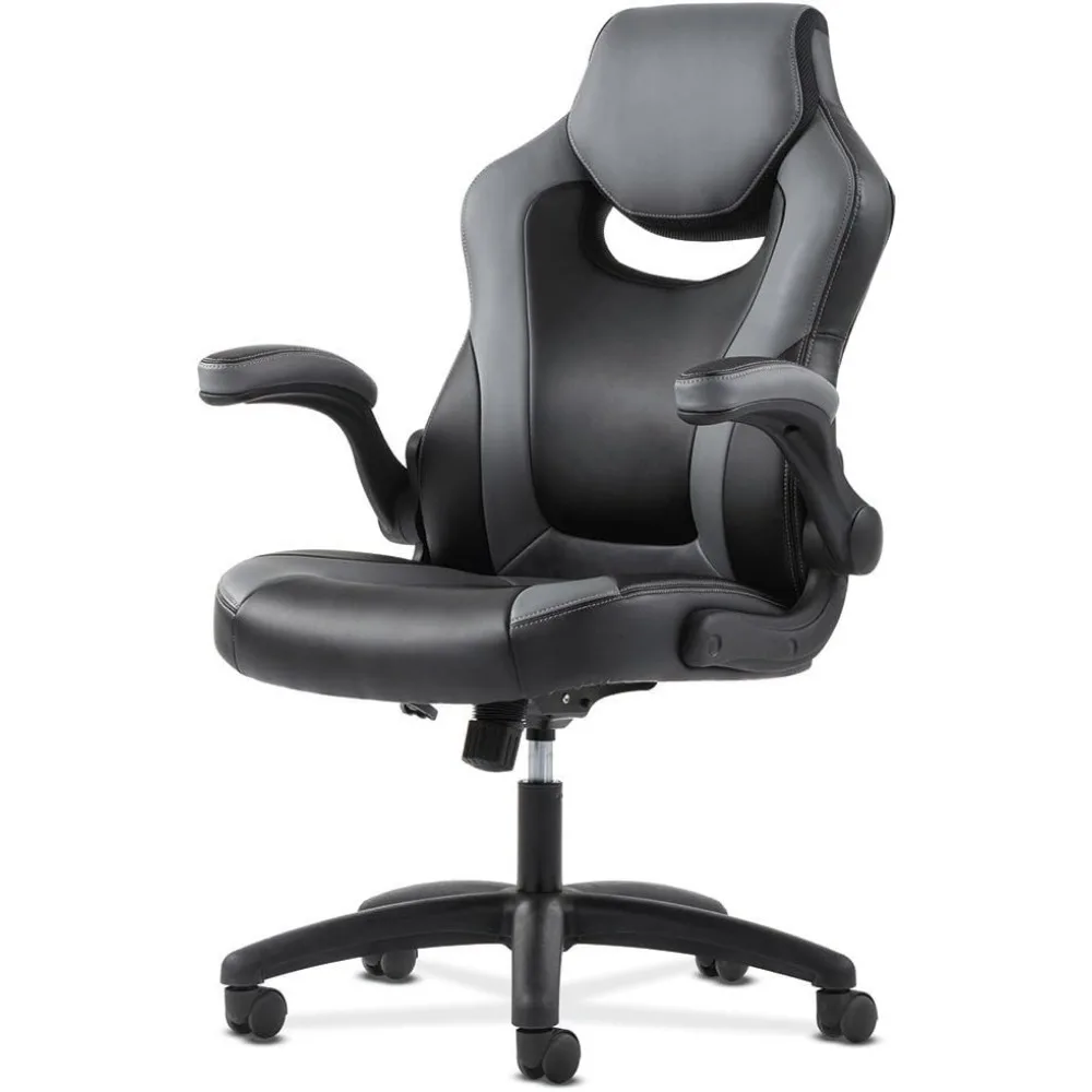 Racing Gaming Chair- Flip-Up Arms, Black and Gray Leather, Adjustable Hight Swivel Computer Chairs, Ergonomic Gaming Chair