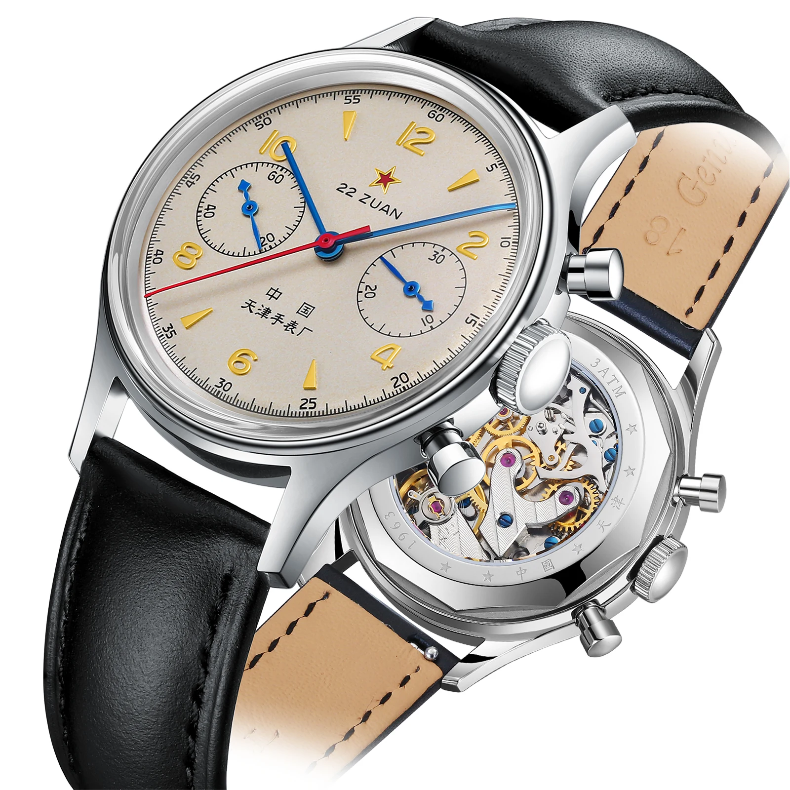 Seagull 1963 International Edition Men's Mechanical Watch Chronograph Pilot Manual Winding Watch ST1901 Black Leather Strap Hot view 2