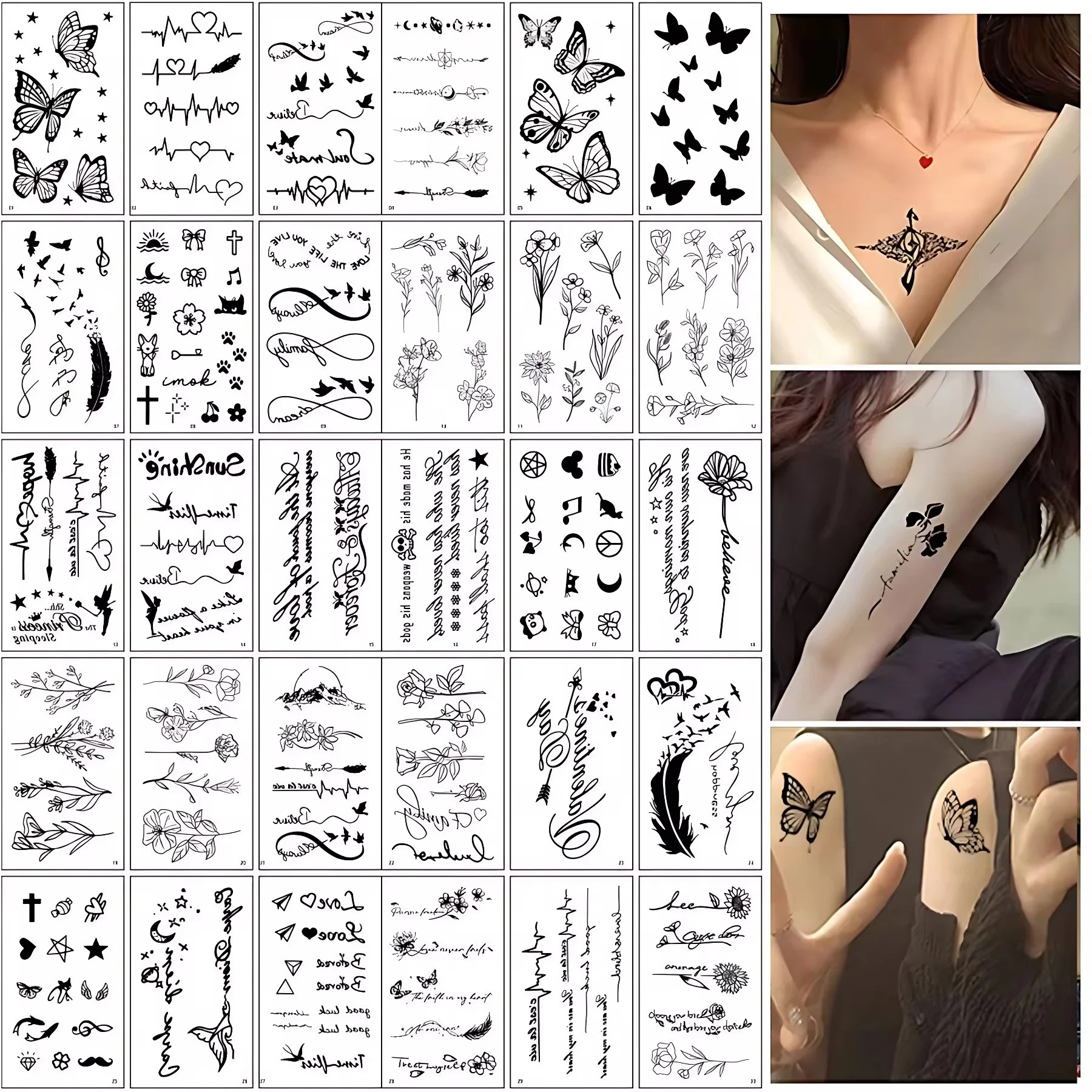 30 pz/set piccolo tatuaggio adesivo farfalla nera citazione fiore testo piccola torta stella luna croce falso tatuaggio temporaneo per donna uomo