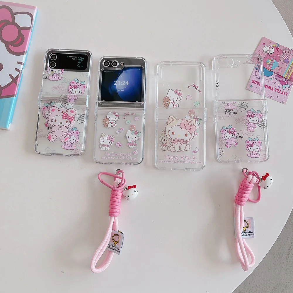 Cute Cartoon Hello Kitty with Lanyard Phone Case for Samsung Galaxy Z Flip 3 4 Z Flip 5 6 5G PC Hard Anti-drop Back Cover Funda