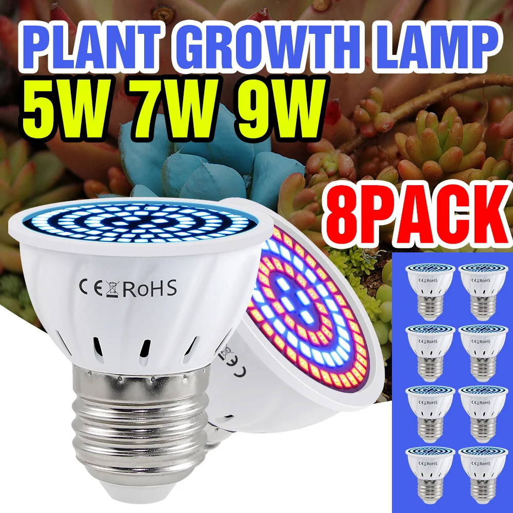 8 Pack LED Grow Light Bulb Plant Lamp Indoor Table Flower Potted Full Spectrum LED Fill Lighting E27/E26/E14/B22/GU10/MR16/GU5.3