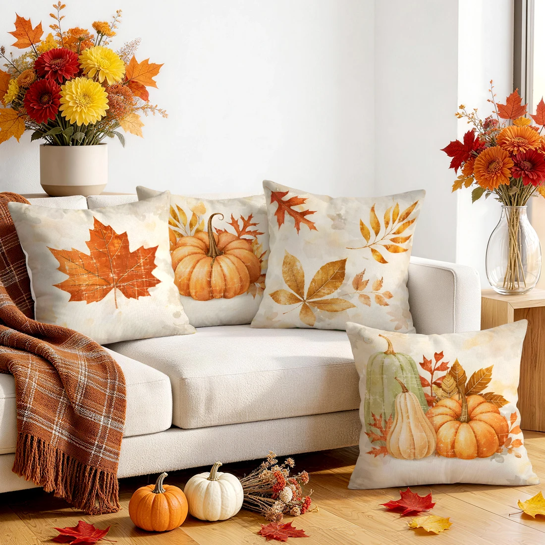 Watercolor Maple Leaf Pumpkin Cushions Pillowcase Polyester Cushion Cover Throw Pillow Pillowcover Home Car Sofa Decor