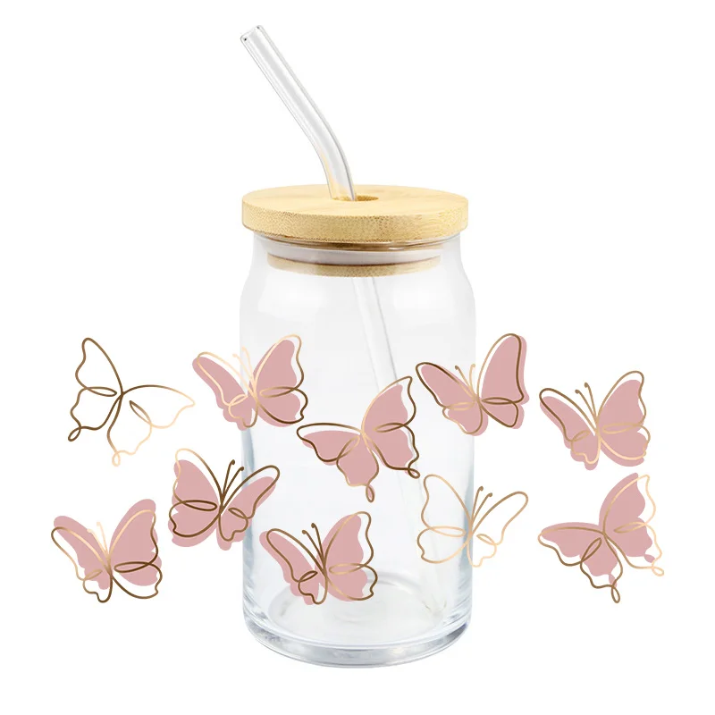 Butterfly UV Sticker For Glass Can Cups Pink Fashion Women DIY UV Dtf Transfer Print Waterproof Sticker For 16Oz Glass Cup