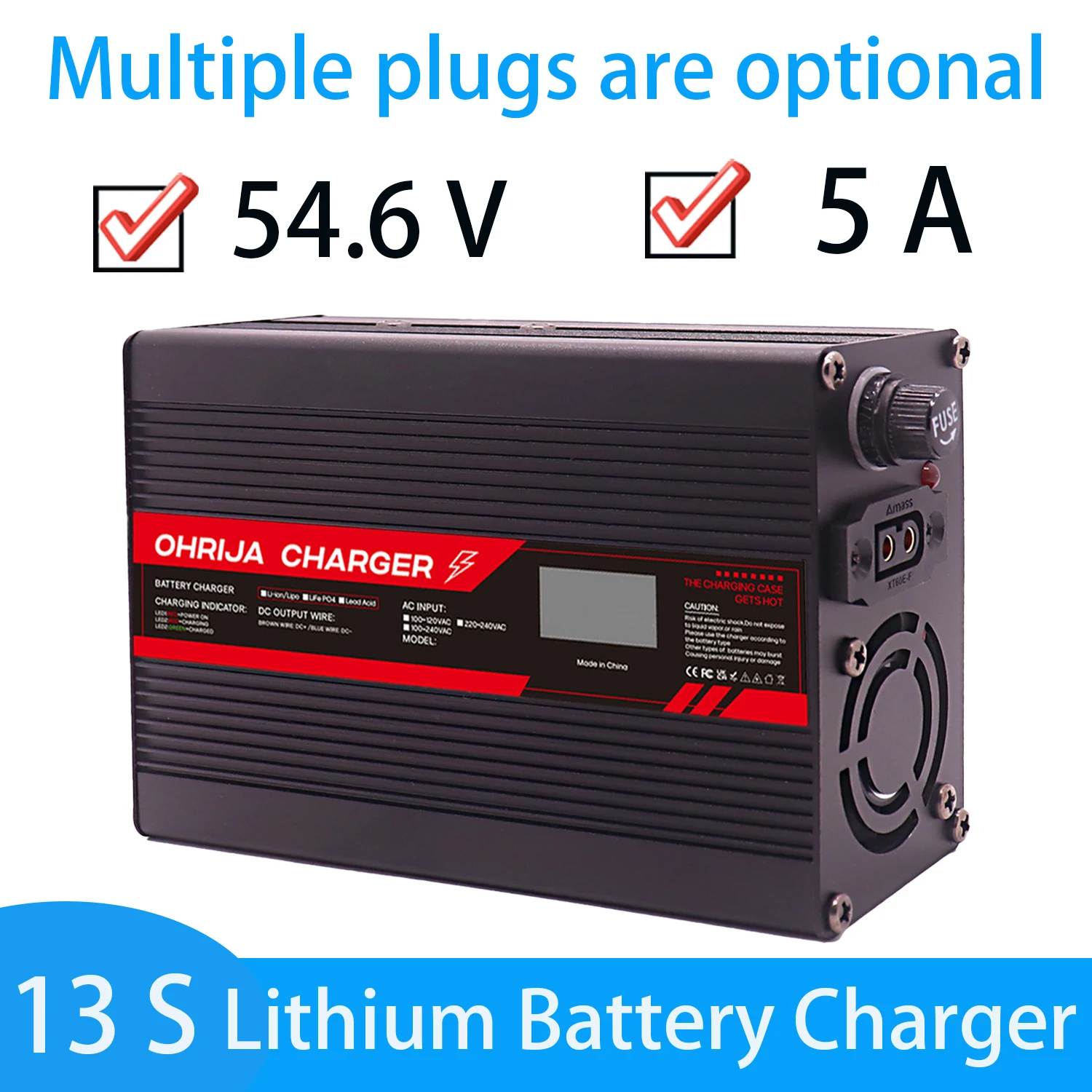 

Detachable connector 54.6V 5A Aluminum case Lithium Battery Fast Charger For 13 String 48Volt OLED Display Charger 48V Charger