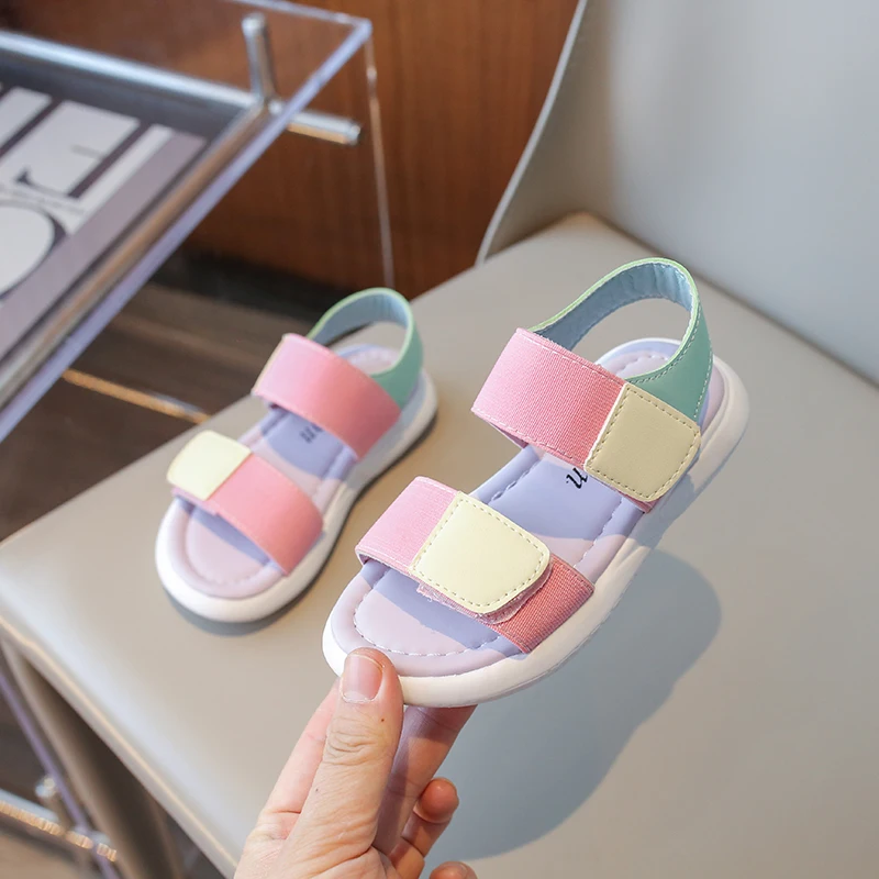 Girls Sports Sandals Mixed-color Decoration Soft Bottom Non-slip Pink Comfortable Velcro PU Upper Open Toe Fashion Kids Shoes