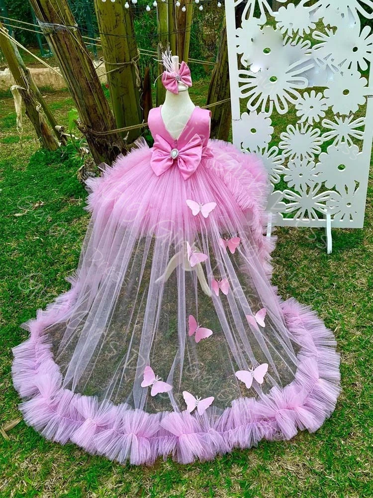 Vestido de cumpleaños para niñas, color rosa intenso, con tren desmontable, mariposa 3D, tul escalonado, vestido de princesa con flores para niñas, vestido de baile personalizado con cuentas