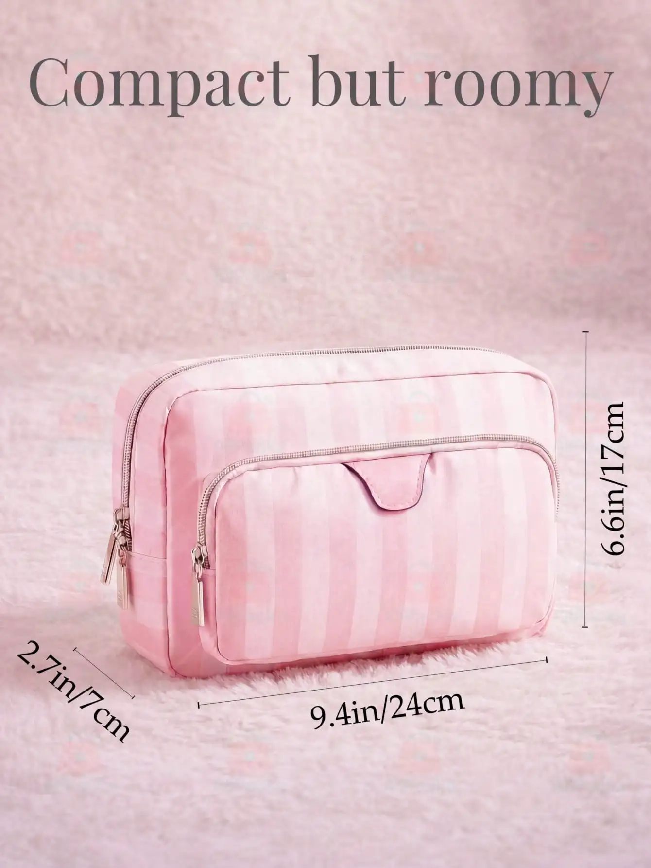 Cute Pink & White Stripe Makeup Bag, Nylon Travel Cosmetic Organizer Toiletry Pouch With Compartments, Portable Storage Bag For Women And Girls