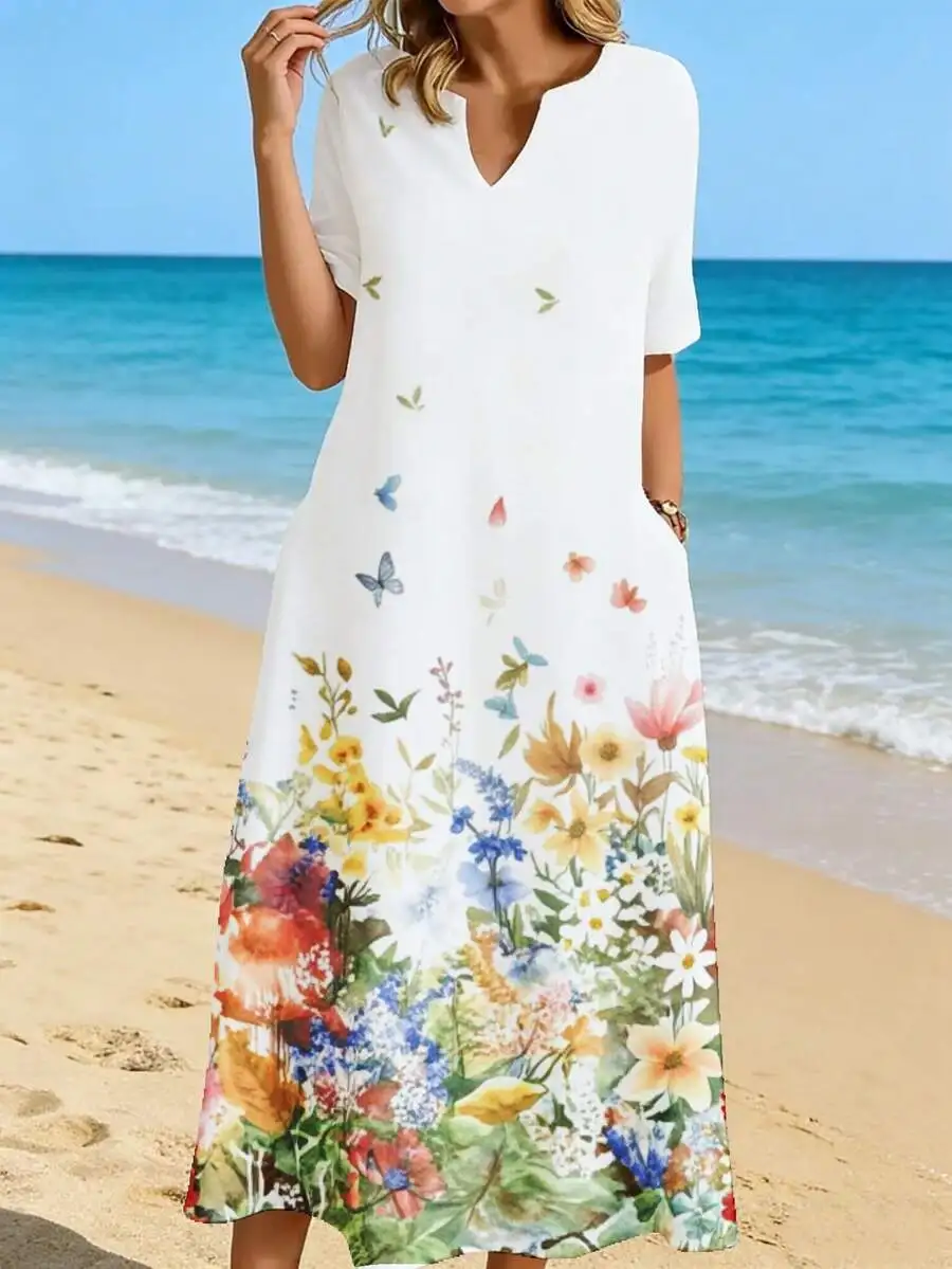 

Floral Print Midi Dress White Colorful Flowers Butterflies Beach Summer Vacation