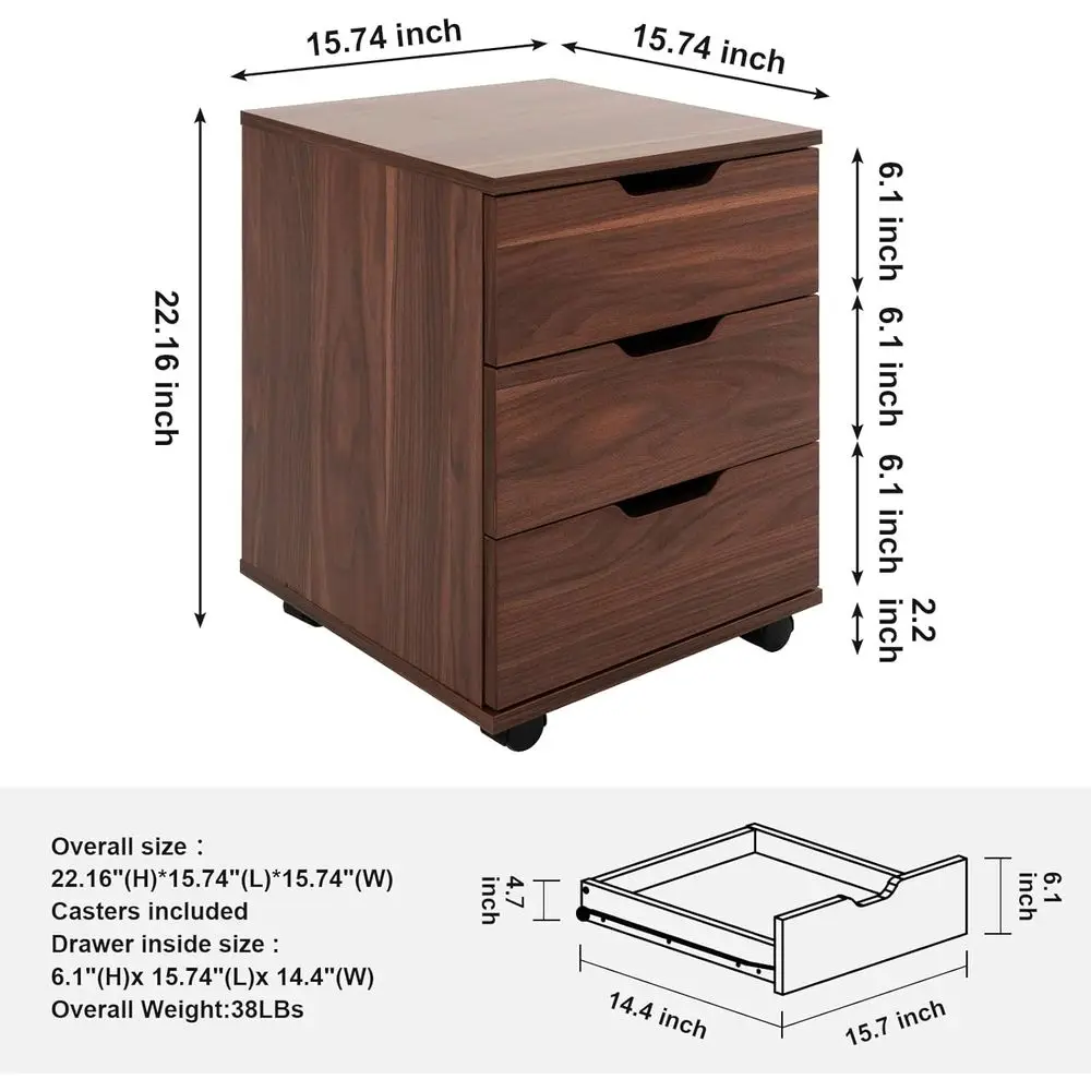 3-Der Veal iling Cabinet Rolling Wood Mobile ile CabiUnder Desk or Home Oice with Casters,Brown,ully-Assembled