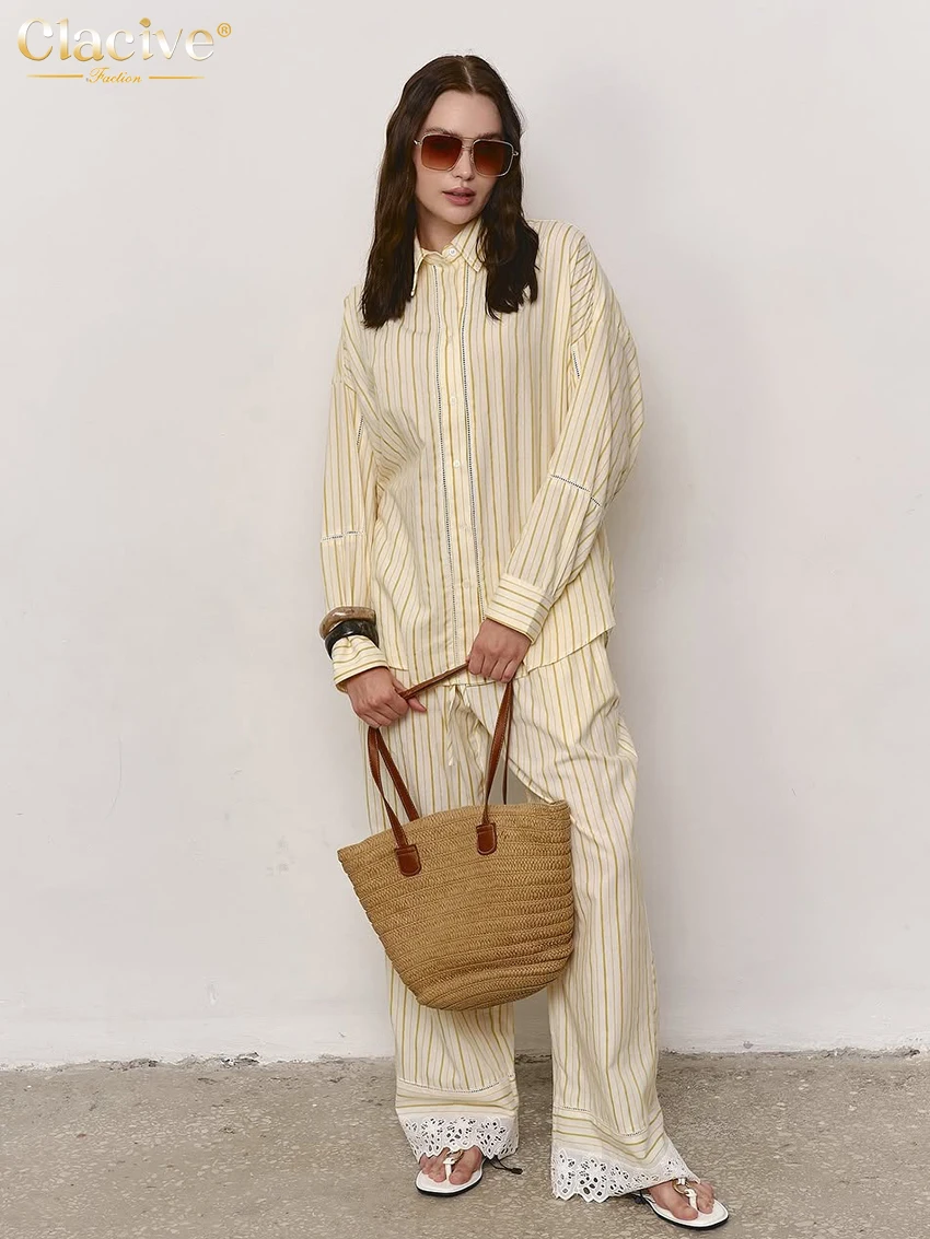 

Clacive Fashion Loose Print 2 Piece Set Women 2026 Elegant Long Sleeve Shirt With High Waist Wide Pants Set Female Clothing