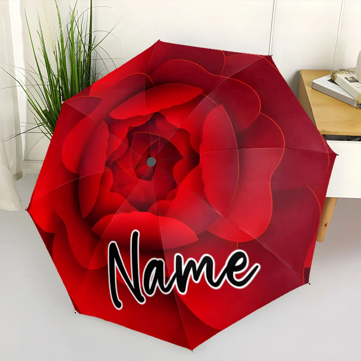 Custom Name Red Rose Umbrella with Personalized Design Print 8 Iron Ribs Folding Umbrella, Auto-Open Fashion Sunshade