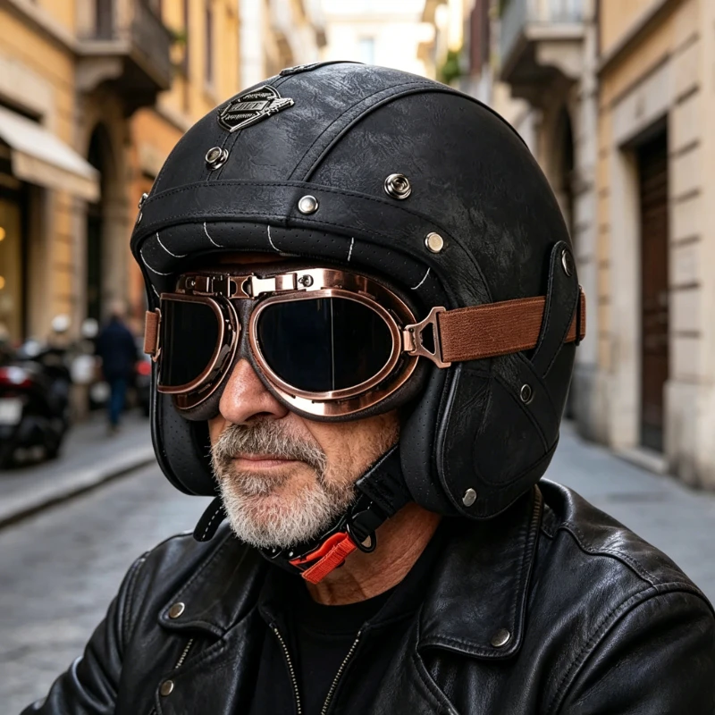 Casque de moto rétro Bobber en cuir lisse classique haut de gamme 3/4 ouvert, multi-saisons, pour voyage, Casque Capacete Masculino