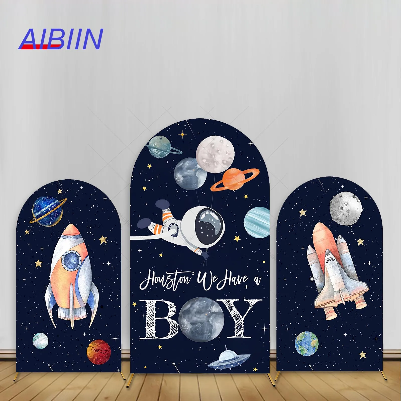 

Outer Space Baby Shower Arch Backdrop Cover Houston We Have A Boy Background Blue Astronaut Rocket Galaxy Planets Party Decor