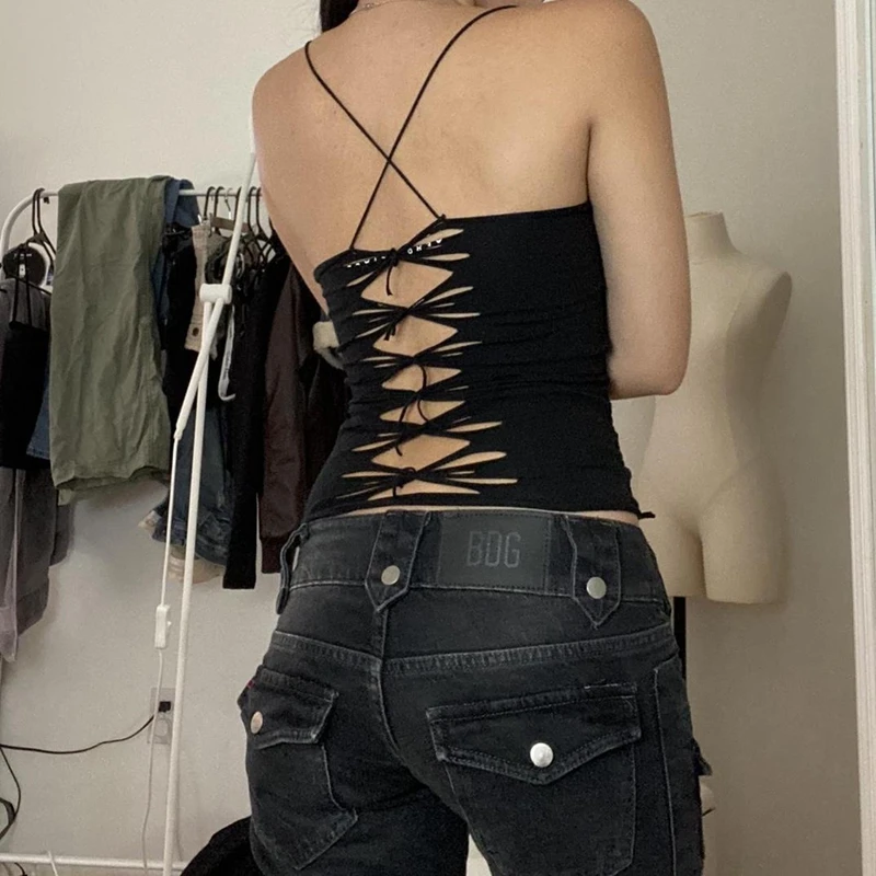 Gaono Sexy Hollow Out Weave Crop Tops Summer Slim Fit Spaghetti Strap Camisole Top Women Vintage Backless Tie Up Mini Vest Y2K