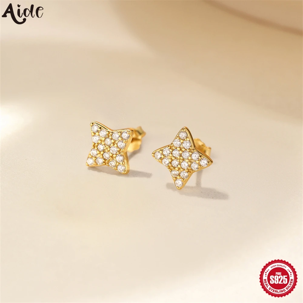 

Aide 925 Sterling Silver Four-leaf Clover Stud Earrings Gold Color CZ Stud Ear Bone Earrings For Women Girl Party Fine Jewelry