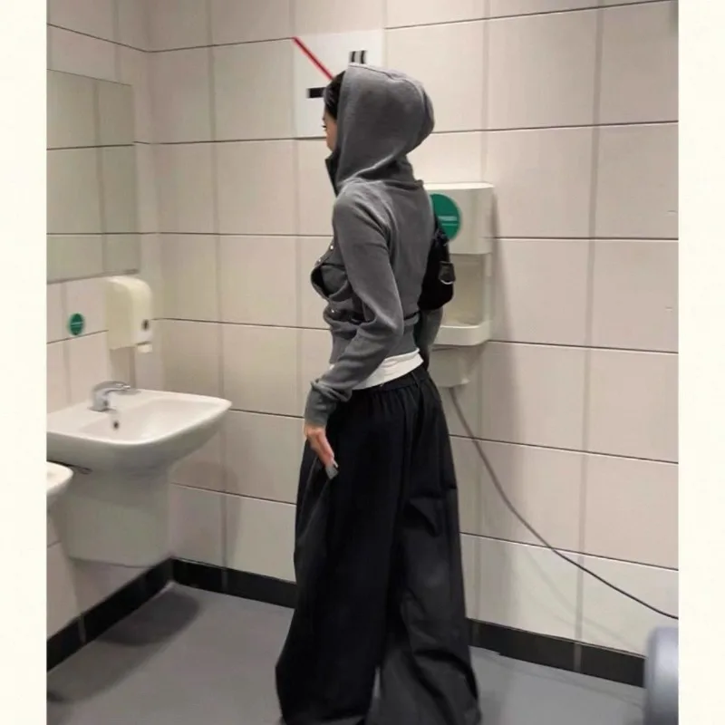 レトロパーカー女性韓国シックなダブルジッパースリムフィットショートスウェットシャツ春秋ストリートパンクグランジフード付きコート