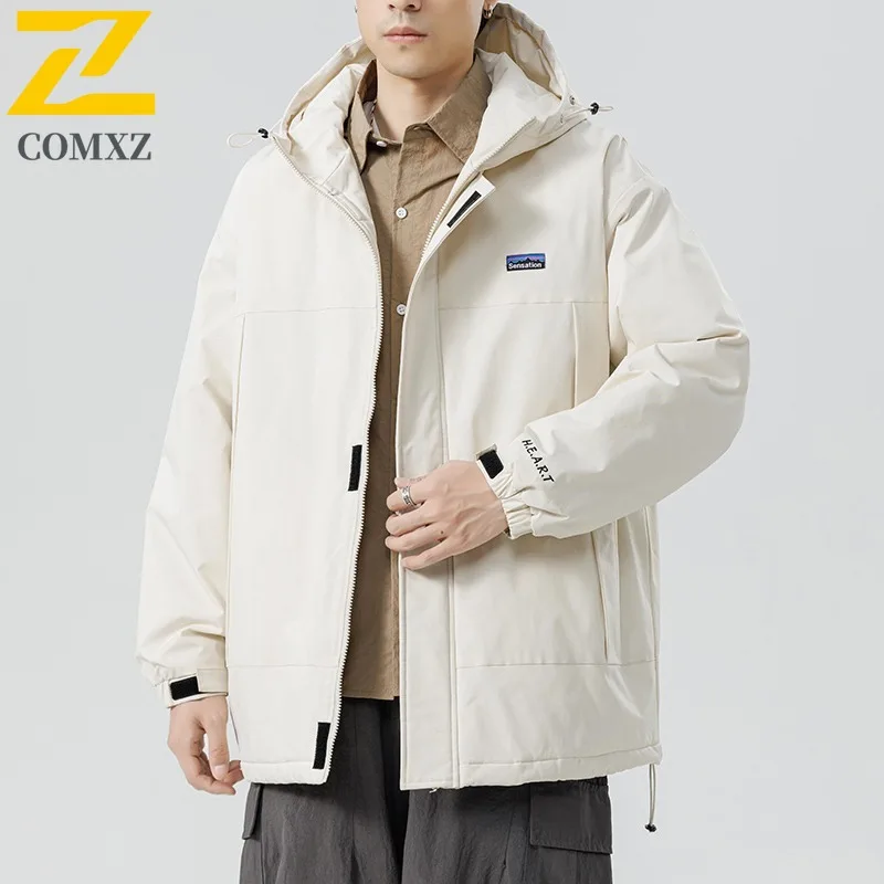 COMXZ 2025 Couple Hooded Cotton coat Hong Kong Style Autumn Winter Waterproof Down Cotton Thick Loose Casual Versatile jacket