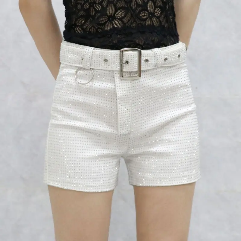 القادمون الجدد الصيف النساء أسود أبيض حجر الراين الماس حزام السراويل عالية الخصر مزاجه الموضة