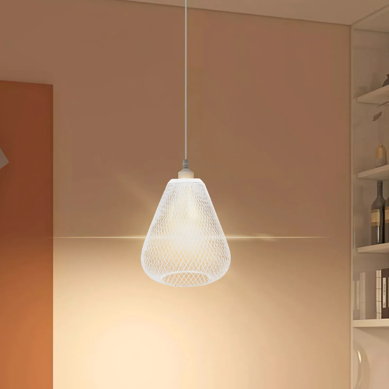 

Retro Hollow Lampshade Industrial Metal Cage Pendant Light Cover for Living Room Bedroom Dining Area Decoration White