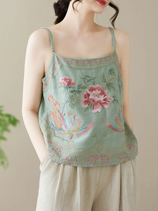 Summer 2025 New Retro Embroidered Flower Cotton Linen Camisole Women's Base Shirt Inner Wear Adjustable Strap Top Commute Style