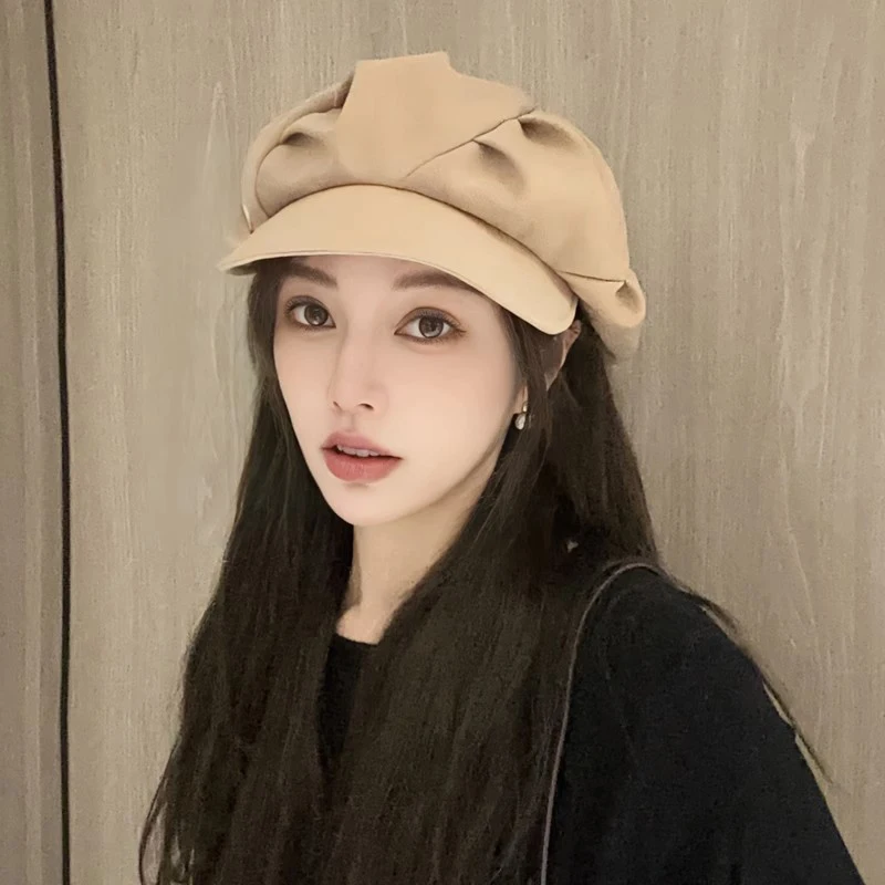 Fashion Cloud Beret Big Head Circumference Women Splicing Octagonal Berets Niche Painter Hats British Style Solid Small Face Cap image 2