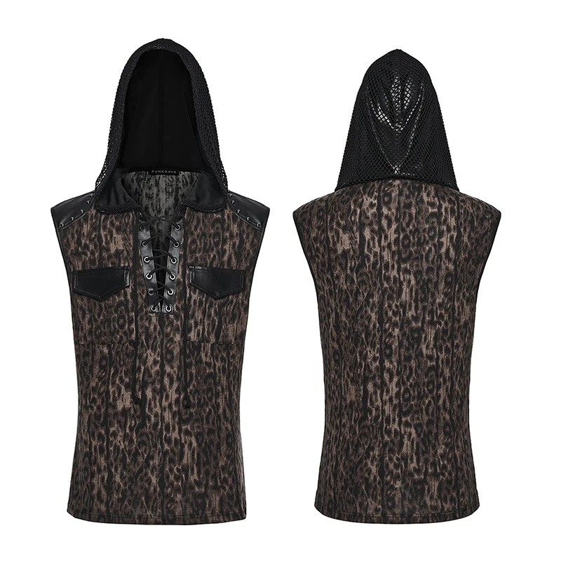 PUNK RAVE Gothic Punk Leopard Print Sleeveless Hooded Tank Top Men Lace Up Front Faux Leather Shoulder Slim Vest WT1106