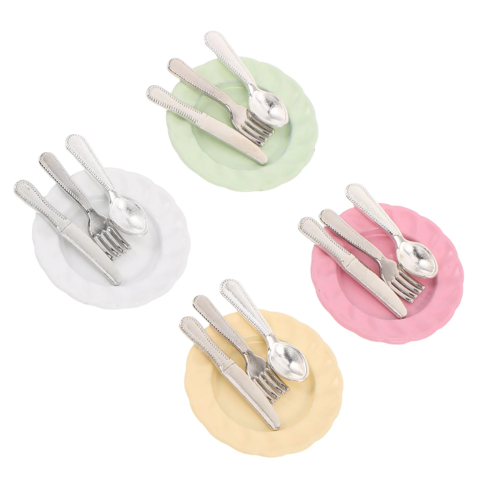 

4 набора миниатюрных кухонных принадлежностей для кукольного домика: столовые приборы из сплава (тарелки, вилки, ложки, ножи), реалистичный мини-набор посуды