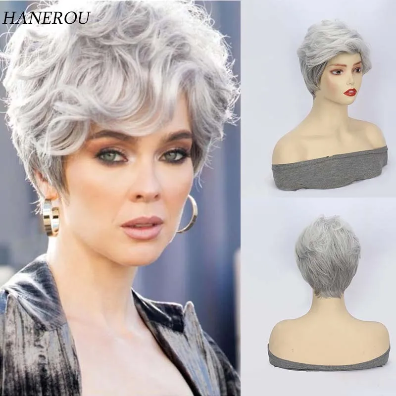 

Short Women's Ombre Gray White Wig Synthetic Hair Pixie Cut Curly Hair Wigs Rose Inner Mesh With Bangs Lady Daily Use