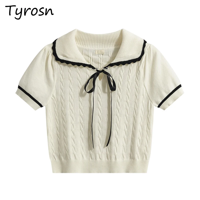 Knitted Short Sleeve T-shirts Women Summer New Sweet Girls Tops Age-reducing Korean Fashion Students Bows Design Temperament