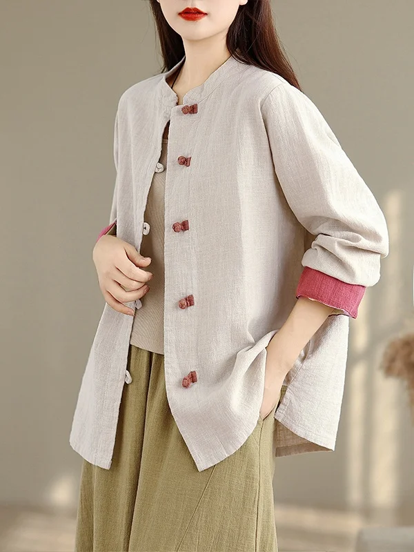 เสื้อผ้าสไตล์จีนโบราณ ผ้าฝ้ายลินิน แขนยาว ไซส์ใหญ่ สำหรับผู้หญิง ปกตั้งติดกระดุม สไตล์เซน ชุดชงชา เสื้อคลุมใส่ในฤดูใบไม้ร่วง