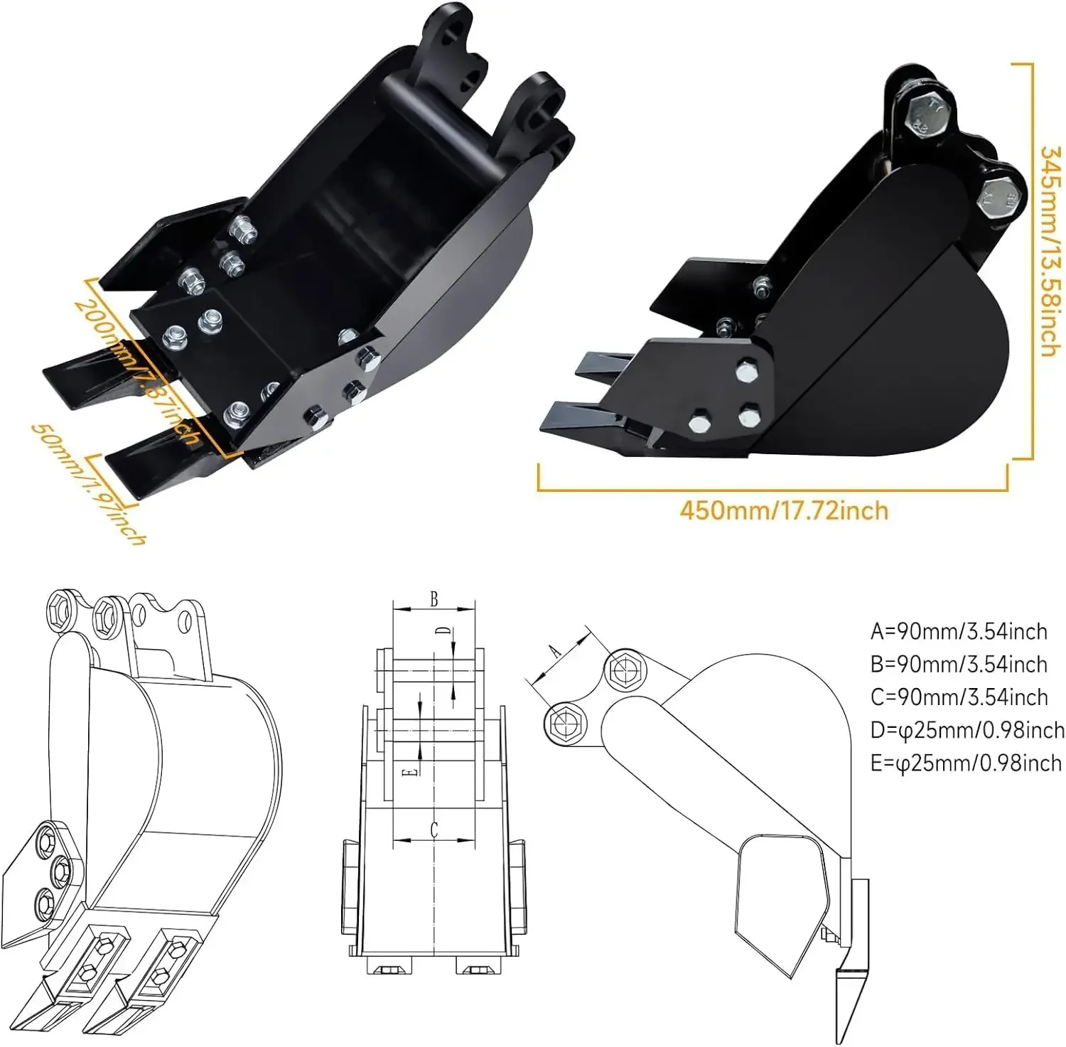Kos do kopania rowów przemysłowy 200mm, wąski kos do kopania rowów dla minikoparek, wytrzymały kos do kopania z metalowymi zębami