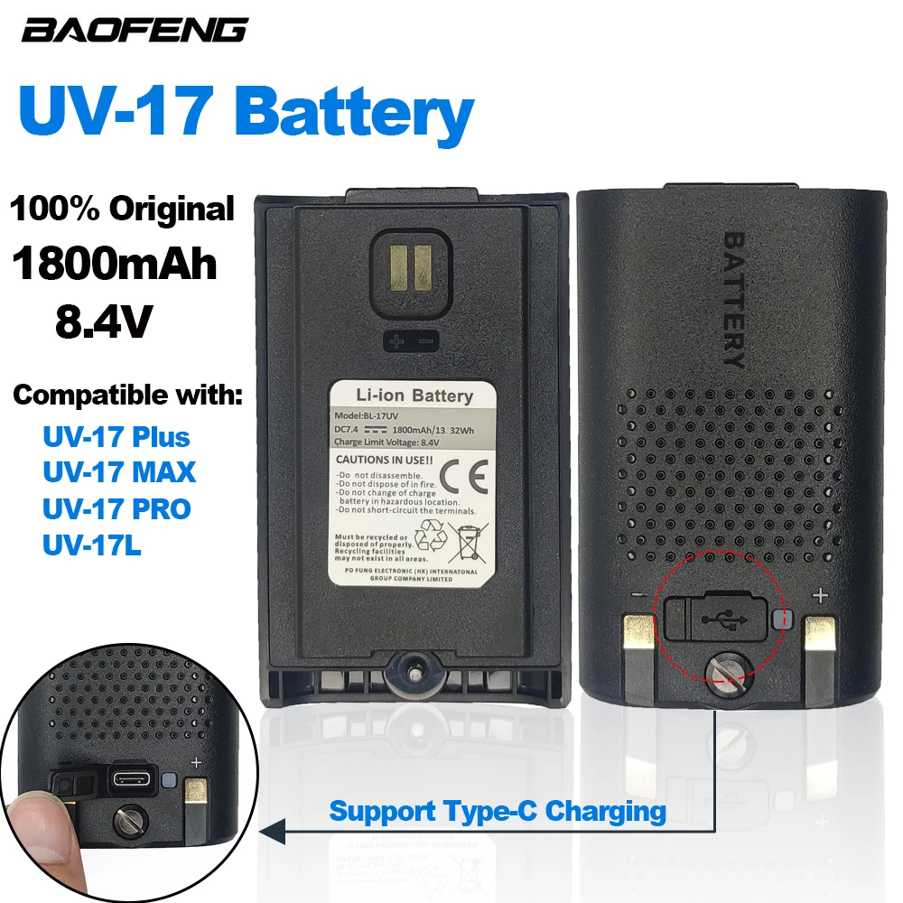 Baofeng-Batería de UV-17 para walkie-talkie, carga tipo C, UV17pro, UV-17MAX, UV17 PRO, batería de iones de litio de alta capacidad, Radio bidireccional